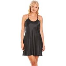 Black Nightgowns Olga English Made Short Satin Nightdress with Crossed Straps - Black