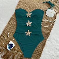 Gold Swimsuits Shein Women's Solid Color Spaghetti Strap Hollow Out Waist Gold Starfish Decor One-Piece Swimsuit - Gold