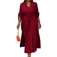 Shein Slaydiva Plus Size Casual/Party/Elegant Commute Solid Color Red V-Neck Drawstring Waist Split Hem Dress For Women, Summer-F