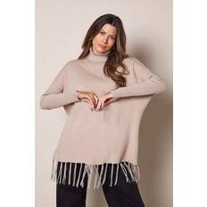 Wallis Fringed Hem Roll Neck Poncho - Beige
