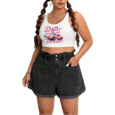 Shein Plus Women High Waist WideLeg Denim Shorts With Pleated Hem And Pockets