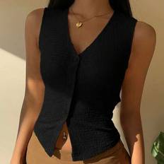 Shein Stickad Texturerad Linne Med V-Ringad Knapp - Sommarsvart