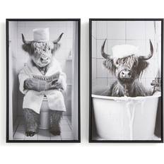 Dunelm Monochrome Highland Cow Black Framed Art 30x50cm 2pcs