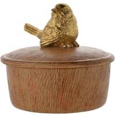 Gold Small Boxes Hestia Wood Effect Trinket with Gold Bird - Brown Small Box