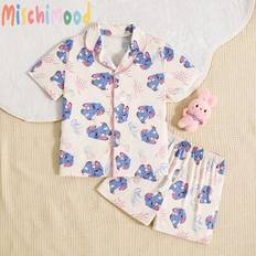 Blue Pyjamases Children's Clothing Shein Cute Girls Cartoon Floppy Ear Short Sleeve Shorts - Blue Bunny Print