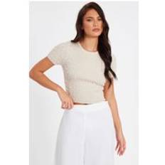 Quiz Womens Stone Knit Embellished Crop Top - Beige