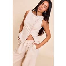 Linen Vests PrettyLittleThing Premium Linen Blend Asymmetric Button Up Waistcoat - Natural