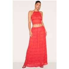 PrettyLittleThing Tomato Chiffon Ruched Frill Detail Tiered Maxi Skirt - Tomato Red
