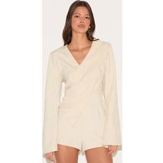 PrettyLittleThing Cream Pinstripe Peachskin Wrap Front Long Sleeve Playsuit - White