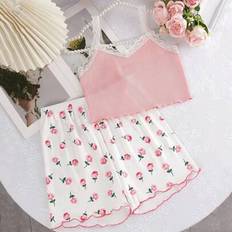 Polyester Pyjamases Shein Tween Girl Camisole Lace Top And Floral Print Shorts Casual Pajama Set - Worn