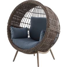 Patio Furniture Origin 21 Dunes Wicker Brown Steel Frame Stationary Egg Chair with Blue Cushioned Seat