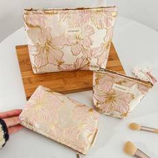 Gold Toiletry Bags & Cosmetic Bags Shein Gold Floral Pattern Large Capacity Cosmetic Bag - Women's