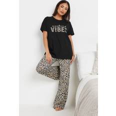 Black Pyjamas PixieGirl Womens Petite Leopard Print Slogan Pyjama Set - Black