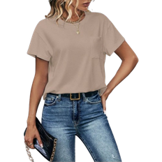 Brown - Elastane/Lycra/Spandex T-shirts Shein Women Fashion Solid Color Short Sleeve Round Neck TShirt