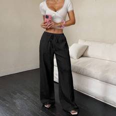 Shein Byxor & Shorts Shein Damer Avslappnade Enkla Snedställda Fickor Texturerade Långbyxor - Svart