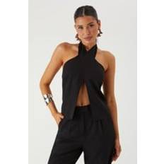 Tops Misspap Twill Cross Over Halterneck Top - Black