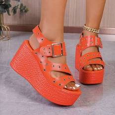 Orange - Women Heeled Sandals Shein Fashion Orange Wedge Heels Open Toe Platform Non-Slip Thick Sole Peep Toe Sandals - Orange