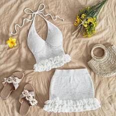 Shein Grimma Design Perforerat Mönster Ärmlös Topp & Mini Kjol Set - Vitt
