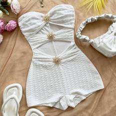 White Jumpsuits & Overalls Shein Soleia Women's Vacation White Knit Textured Metallic Accent Slim Jumpsuit - White