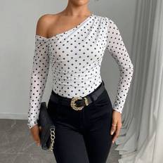 White Bodysuits Shein Elegant Dot Print Off Shoulder Ruffle Bodysuit