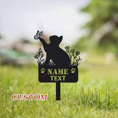 Svarta Trädgårdsprydnader Shein Custom Cat Memorial Stake Metall Spring Med Fjärilar Blommor Grav Markerare