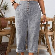 Shein Plus Size Linen Texture Wood Button Decorated Side Pockets Casual Cropped Pants