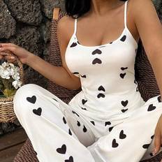 Shein Heart Knit Printed Camisole And Pants Sleepwear Set - Comfortable