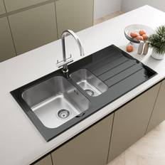 Sauber 1000 x 500mm Stainless Steel Kitchen Sink Black Glass Surround 1.5 Bowl Inset Drop