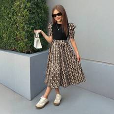 Children's Clothing Shein Cute Geometric Print Splice Short Sleeve Solid Color Mid-Length Dress - Tween
