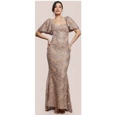 Goddiva Scalloped Cape Open Back Lace & Sequin Maxi Dress - Medium Beige