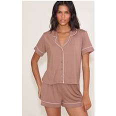 Brown Pyjamas PrettyLittleThing Mocha Modal Piping Short Pj Set - Brown