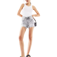 Bershka High Waisted Ripped Denim Shorts - Washed Grey