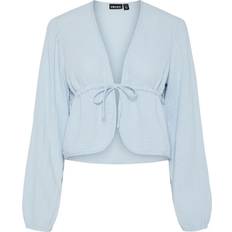 Pieces Crinkle Cotton Tie Front Cropped Blouse Co-Ord - Light Blue