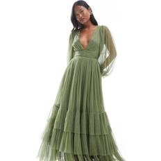 Lace & Beads Petite Bridesmaid Madison Long Sleeve Maxi Dress Soft Olive/Green