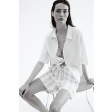 H&M Shorts I Linmix Med Dragsko - Ljusbeige/Randig