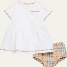 Everyday Dresses - White Burberry Childrens Check Trim Cotton Dress with Bloomers - White