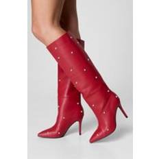 Red - Women High Boots Nasty Gal Faux Leather Dome Stud Knee High Boots - Red