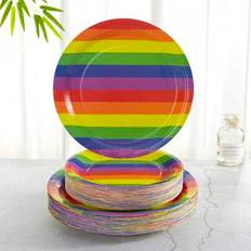 Text & Letters Disposable Plates Shein Rainbow Striped Party Supplies Tableware Set