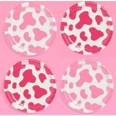 Disposable Plates Shein Pink Rose Red Cow Print Paper Plates 10pcs