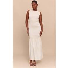 PrettyLittleThing Natural Shirred Detail Drop Waist Maxi Dress - Natural