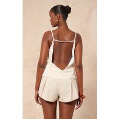 PrettyLittleThing Cream Linen Look Open Back Cami Top - White