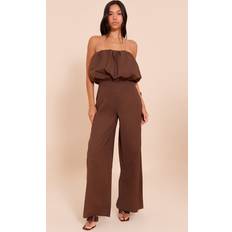 PrettyLittleThing Cotton Puffball Bandeau Straight Leg Jumpsuit - Dark Chocolate