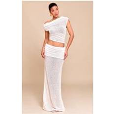 PrettyLittleThing Cream Bobble Knit Foldover Maxi Skirt - White