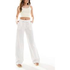 White Trousers Stradivarius Linen Blend Drawstring Trousers - White