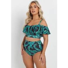 Green Bikini Tops Yours Leaf Print Bardot Frill Bikini Top - Green