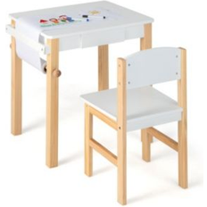 Hivvago Kids Art Table and Chair Set with Drawer Paper Roll and 2 Markers White