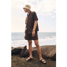 Bruna - Herr Pyjamasar H&M Bomullspyjamas Med Skjorta Och Shorts - Brun