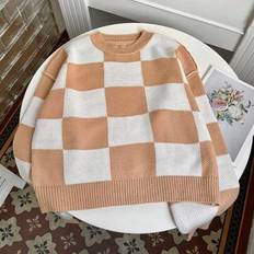 Checkered Jumpers Shein Checkered Pattern Round Neck Drop Shoulder Long Sleeve Knit Sweater