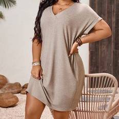 Shein Plus Size V-hals Midi Casual Solklänning - Aprikos