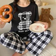 Black Pyjamases Shein Tween Girls 2 Pieces Pajama Set - Black/White